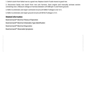 May include: A white page with black text detailing instructions for troubleshooting a clutch failure. The text includes steps to diagnose and repair the issue, referencing specific components and voltage measurements. The document is titled "PM1 522346.12 - Row 11 Clutch Failed."