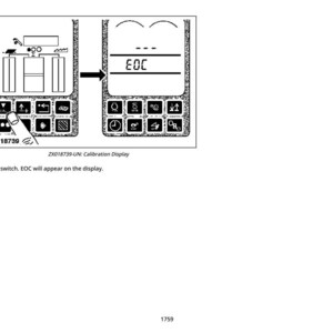 Op de afbeelding: Zwart-wit diagram van een bedieningspaneel met knoppen en een display. Het display toont "EOC" na het indrukken van een knop. De tekst bevat "ZX018739-UN: Calibration Display".