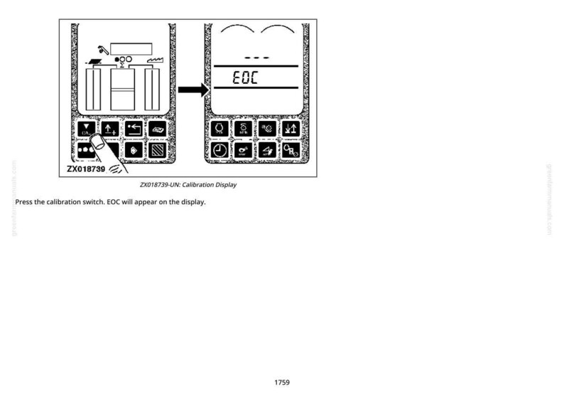 Op de afbeelding: Zwart-wit diagram van een bedieningspaneel met knoppen en een display. Het display toont "EOC" na het indrukken van een knop. De tekst bevat "ZX018739-UN: Calibration Display".