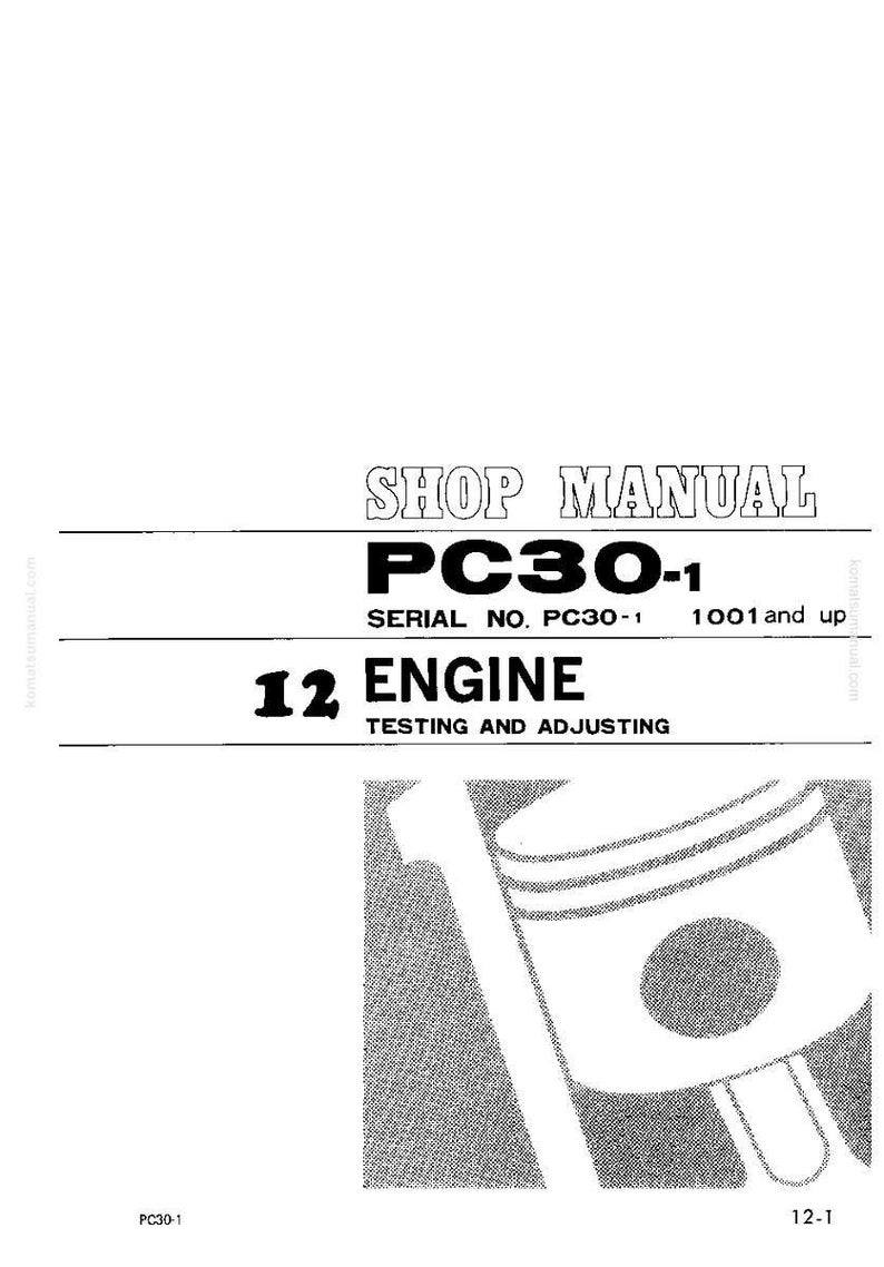 May include: A shop manual page with the title "SHOP MANUAL" and "PC30-1" in bold text. The page includes the text "SERIAL NO. PC30-1 1001 and up" and "12 ENGINE TESTING AND ADJUSTING". A diagram of an engine piston is in the lower right.