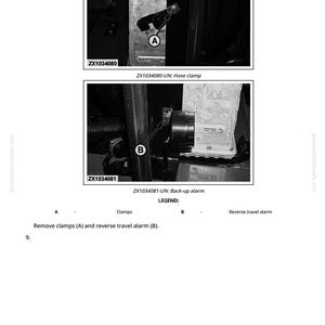 May include: Black and white diagram showing the removal of clamps and a reverse travel alarm. The diagram includes close-up views of the hose clamp and back-up alarm, labeled with letters and text for identification.