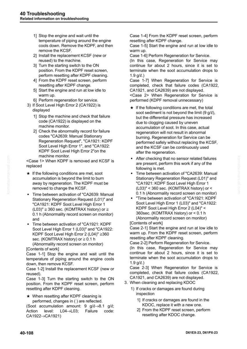 Puede incluir: Gu&iacute;a de soluci&oacute;n de problemas con pasos numerados y vi&ntilde;etas. Las instrucciones incluyen detener el motor, quitar piezas y realizar restablecimientos. El texto incluye c&oacute;digos de error y cantidades de acumulaci&oacute;n de holl&iacute;n. Titulado "40 Soluci&oacute;n de problemas".