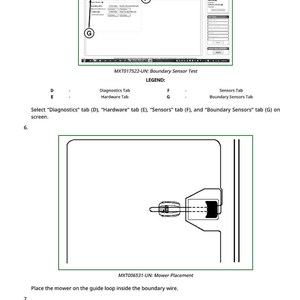 K&ouml;nnte beinhalten: Diagramm mit einem Computerbildschirm mit den Registerkarten Diagnose, Hardware, Sensoren und Boundary Sensors. Darunter zeigt ein Diagramm die Platzierung des M&auml;hers innerhalb eines Begrenzungsdrahtes mit dem Text "MXT006531-UN: Mower Placement."
