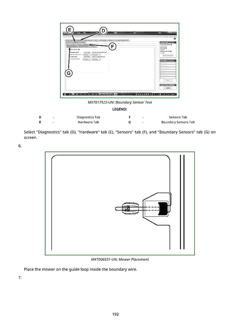 K&ouml;nnte beinhalten: Diagramm mit einem Computerbildschirm mit den Registerkarten Diagnose, Hardware, Sensoren und Boundary Sensors. Darunter zeigt ein Diagramm die Platzierung des M&auml;hers innerhalb eines Begrenzungsdrahtes mit dem Text "MXT006531-UN: Mower Placement."