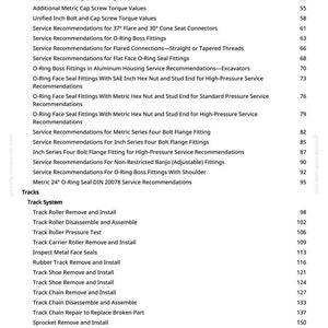 May include: A page from a manual with a list of service recommendations and torque values. The text includes topics like O-ring fittings, bolt flange fittings, and track systems, with corresponding page numbers.