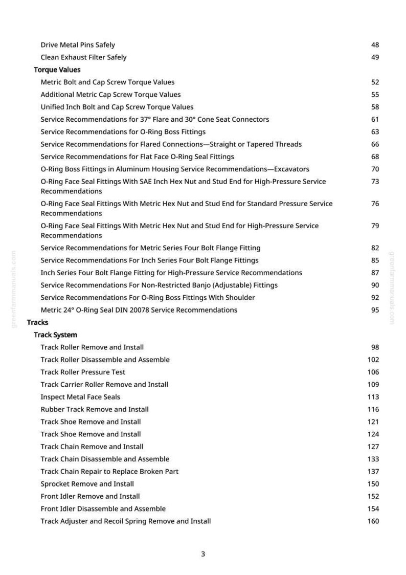May include: A page from a manual with a list of service recommendations and torque values. The text includes topics like O-ring fittings, bolt flange fittings, and track systems, with corresponding page numbers.