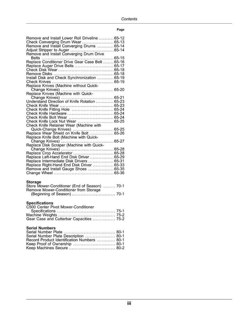 May include: A white printed page with a table of contents for a machine. The text includes titles such as "Check Knives", "Replace Knives", and "Specifications". The page number is "iii".