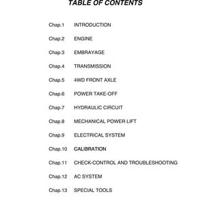 May include: A white page with a black header and a table of contents. The table lists chapters on topics like Engine, Transmission, and Electrical System. The text is in a sans-serif font.