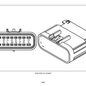 Pu&ograve; includere: Disegno a tratto nero di un connettore elettrico con due componenti principali. Il componente sinistro ha una forma rettangolare con 18 slot per pin etichettati. Il componente destro &egrave; un alloggiamento rettangolare pi&ugrave; grande. Testo: RXA0132601-UN: 57M8281.
