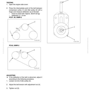 Puede incluir: Diagrama que ilustra la prueba y el ajuste de la tensi&oacute;n de la correa del compresor del aire acondicionado. La imagen incluye diagramas de poleas, correas y puntos de ajuste, con instrucciones de texto y medidas en mil&iacute;metros y Newtons.