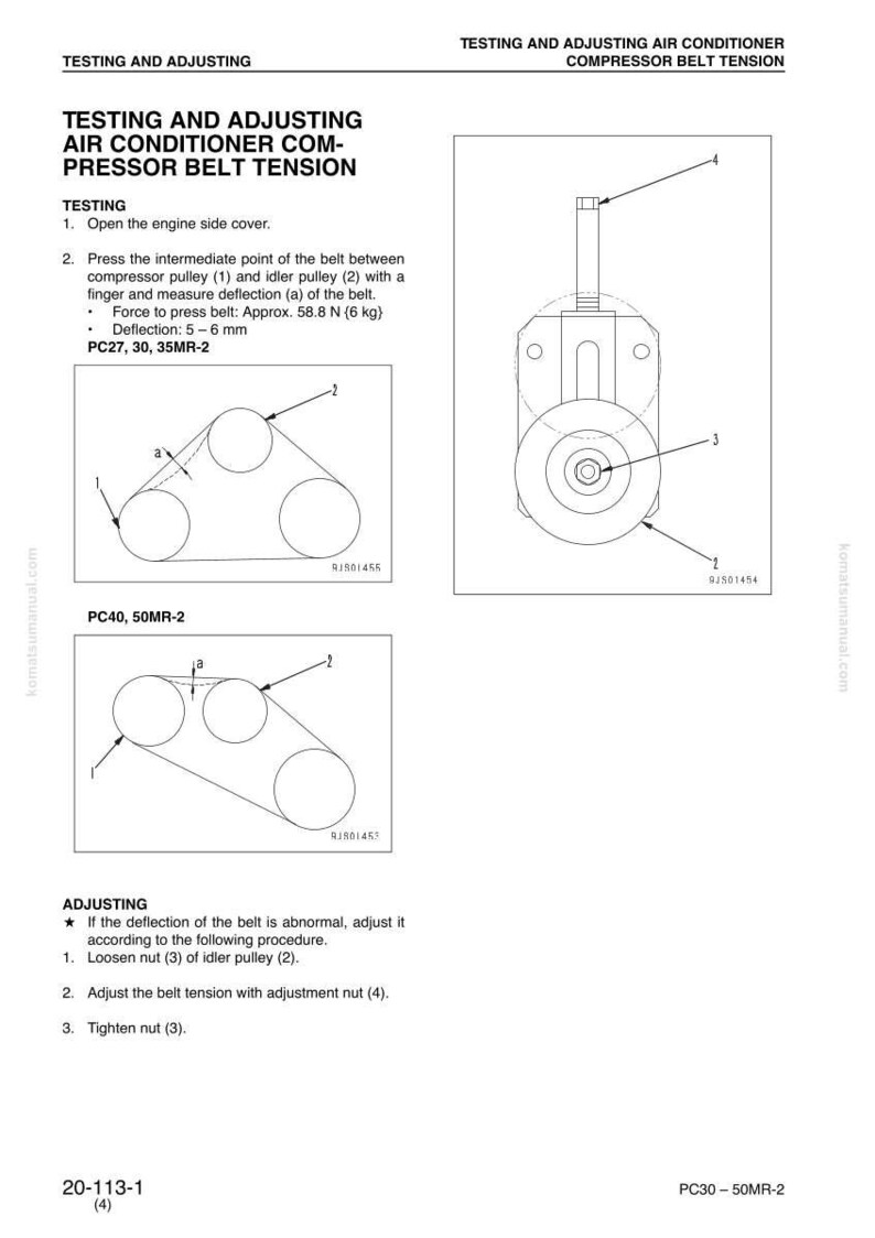 Puede incluir: Diagrama que ilustra la prueba y el ajuste de la tensi&oacute;n de la correa del compresor del aire acondicionado. La imagen incluye diagramas de poleas, correas y puntos de ajuste, con instrucciones de texto y medidas en mil&iacute;metros y Newtons.