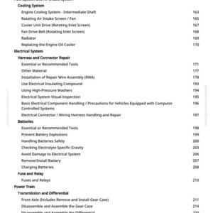 K&ouml;nnte beinhalten: Eine Seite aus einem Handbuch mit Inhaltsverzeichnis f&uuml;r die Autoreparatur. Themen sind Motor, K&uuml;hlung, Elektrik und Getriebe. Seitenzahlen sind rechts aufgef&uuml;hrt.