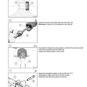 K&ouml;nnte beinhalten: Technische Zeichnung von CARRARO AXLE BEAM GROUP mit detaillierten Montageanweisungen. Das Bild zeigt Diagramme von Teilen wie dem Dichtring, dem U-Gelenk, dem Schleuderring und der Achswelle, mit Beschriftungen und Warnhinweisen. Seite 50 des Handbuchs.