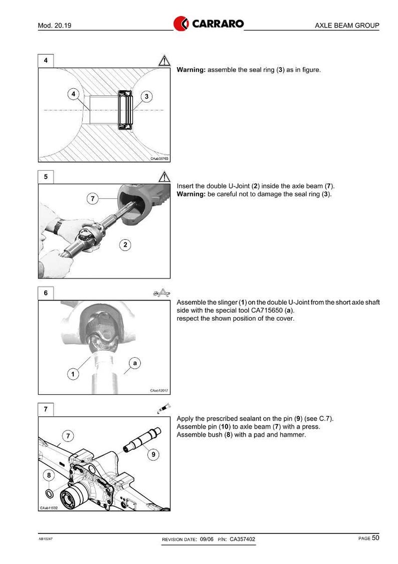 K&ouml;nnte beinhalten: Technische Zeichnung von CARRARO AXLE BEAM GROUP mit detaillierten Montageanweisungen. Das Bild zeigt Diagramme von Teilen wie dem Dichtring, dem U-Gelenk, dem Schleuderring und der Achswelle, mit Beschriftungen und Warnhinweisen. Seite 50 des Handbuchs.