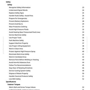 Pu&ograve; includere: Una pagina bianca intitolata "Sommario" con un elenco di argomenti sulla sicurezza, tra cui "Maneggiare i fluidi in sicurezza", "Prevenire le esplosioni della batteria" e "Evitare i fluidi ad alta pressione". I numeri di pagina sono elencati a destra.