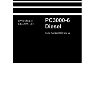 May include: Shop manual for a PC3000-6 Diesel hydraulic excavator. The cover is white with black text and horizontal black bars. The Komatsu logo is at the bottom.