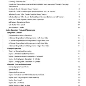 May include: A page from a manual with a list of engine operation tests, adjustments, and component locations. The text includes checks for brakes, valves, and engine performance issues. The page number is 3.