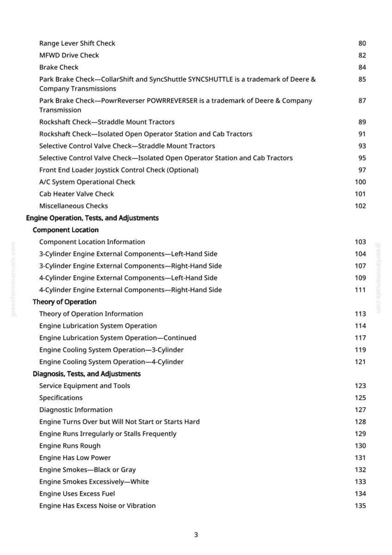 May include: A page from a manual with a list of engine operation tests, adjustments, and component locations. The text includes checks for brakes, valves, and engine performance issues. The page number is 3.