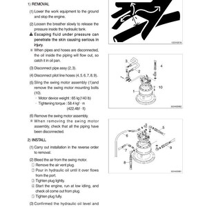 May include: Diagram of a swing device motor assembly with numbered parts and instructions for removal and installation. Includes illustrations of components, with measurements in pounds and feet.