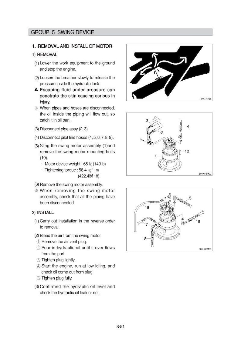 May include: Diagram of a swing device motor assembly with numbered parts and instructions for removal and installation. Includes illustrations of components, with measurements in pounds and feet.