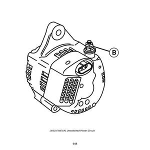 May include: Line drawing of an alternator, a component of a vehicle's electrical system. The illustration shows the alternator's housing, cooling fins, and electrical connections. The text "LVAL16146-UN: Unswitched Power Circuit" is at the bottom.
