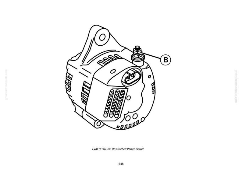 May include: Line drawing of an alternator, a component of a vehicle's electrical system. The illustration shows the alternator's housing, cooling fins, and electrical connections. The text "LVAL16146-UN: Unswitched Power Circuit" is at the bottom.