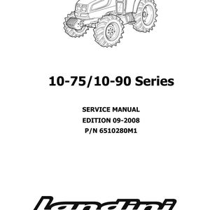 May include: Black and white line drawing of a tractor. The image includes the text "10-75/10-90 Series", "Service Manual", "Edition 09-2008", "P/N 6510280M1", and the Landini logo.