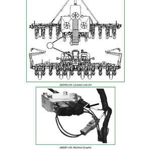 Puede incluir: Diagramas t&eacute;cnicos de componentes de maquinaria agr&iacute;cola. El diagrama superior es una ilustraci&oacute;n lineal de la estructura general de la m&aacute;quina. El diagrama inferior es un gr&aacute;fico de m&aacute;quina de un m&oacute;dulo de control con cableado y conectores. El texto incluye "A83456-UN: Location Line Art" y "A88381-UN: Machine Graphic".