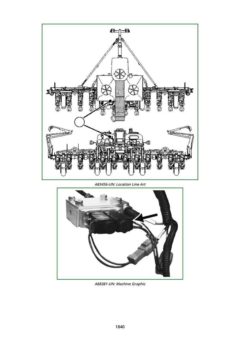 Puede incluir: Diagramas t&eacute;cnicos de componentes de maquinaria agr&iacute;cola. El diagrama superior es una ilustraci&oacute;n lineal de la estructura general de la m&aacute;quina. El diagrama inferior es un gr&aacute;fico de m&aacute;quina de un m&oacute;dulo de control con cableado y conectores. El texto incluye "A83456-UN: Location Line Art" y "A88381-UN: Machine Graphic".