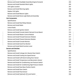 May include: A page from a manual with a list of engine electrical components, lighting, cab components, sensors, and switches. The text includes specifications and instructions for removal and installation of various parts.