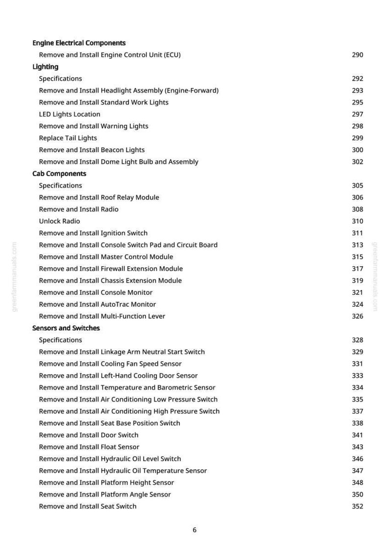 May include: A page from a manual with a list of engine electrical components, lighting, cab components, sensors, and switches. The text includes specifications and instructions for removal and installation of various parts.