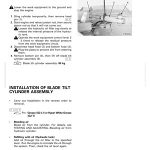 May include: A technical diagram detailing the disassembly and assembly of a blade tilt cylinder. The image includes numbered components, text instructions, and a weight of 80 kg for the cylinder assembly.