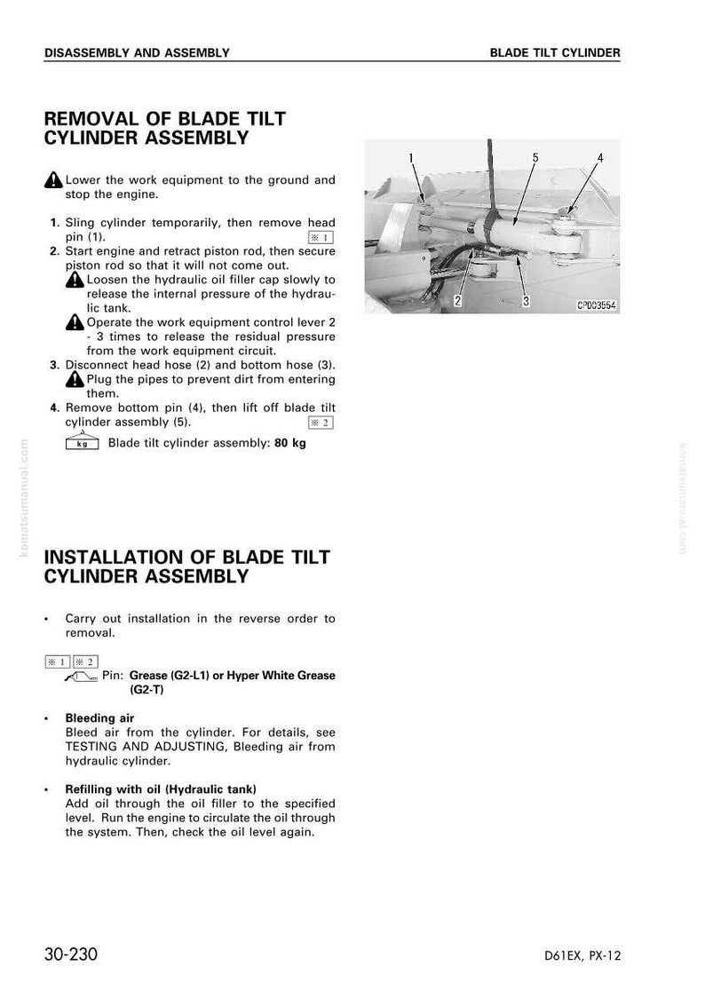 May include: A technical diagram detailing the disassembly and assembly of a blade tilt cylinder. The image includes numbered components, text instructions, and a weight of 80 kg for the cylinder assembly.