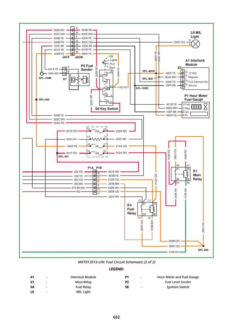 May include: A detailed fuel circuit schematic, labeled MXT013515-UN, with various electrical components and wiring diagrams. The diagram includes relays, switches, and gauges, with a legend for easy interpretation. The schematic is on a white background.