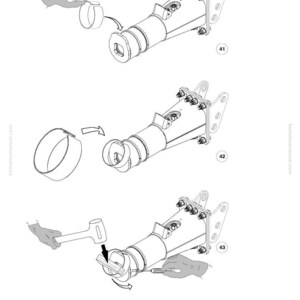 May include: Diagram illustrating the assembly of a mechanical component. The image shows a series of steps with a cylindrical part being inserted into a larger metal structure. Tools like a hammer and a screwdriver are also depicted.
