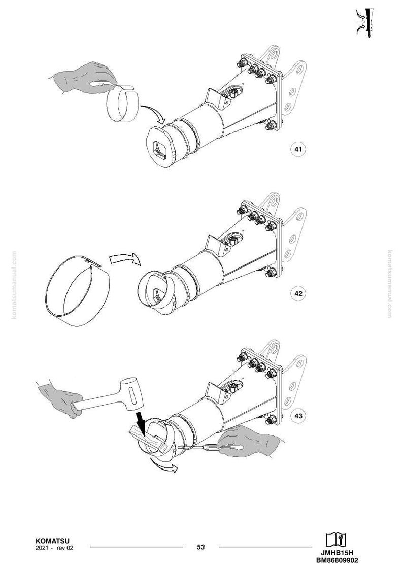 May include: Diagram illustrating the assembly of a mechanical component. The image shows a series of steps with a cylindrical part being inserted into a larger metal structure. Tools like a hammer and a screwdriver are also depicted.