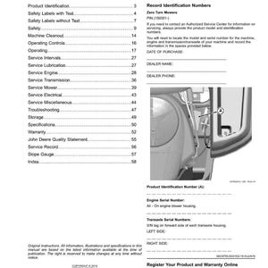 May include: A page from a John Deere manual, featuring a table of contents and product identification information. The manual includes sections on safety, service, and warranty. The image also shows a close-up of a machine component.