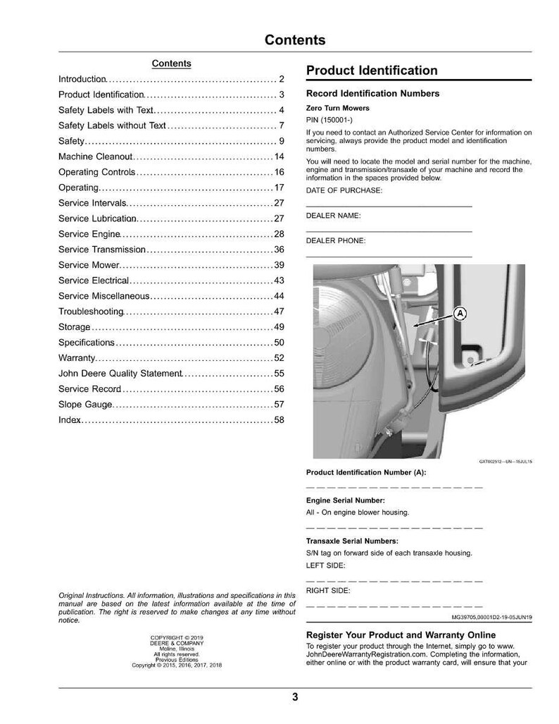 May include: A page from a John Deere manual, featuring a table of contents and product identification information. The manual includes sections on safety, service, and warranty. The image also shows a close-up of a machine component.