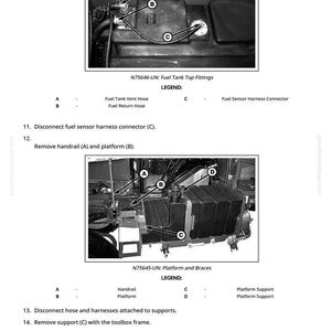 May include: Diagram of fuel tank components, including vent hose, return hose, and sensor connector. The image shows the platform and braces, with labels A, B, C, and D. Text includes instructions for removal and support.