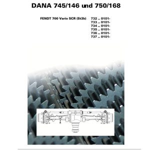 May include: An image of a technical diagram with text in multiple languages, including "Tractor steering axle" and "DANA 745/146 und 750/168." The image also features a detailed illustration of mechanical components and a gear assembly.