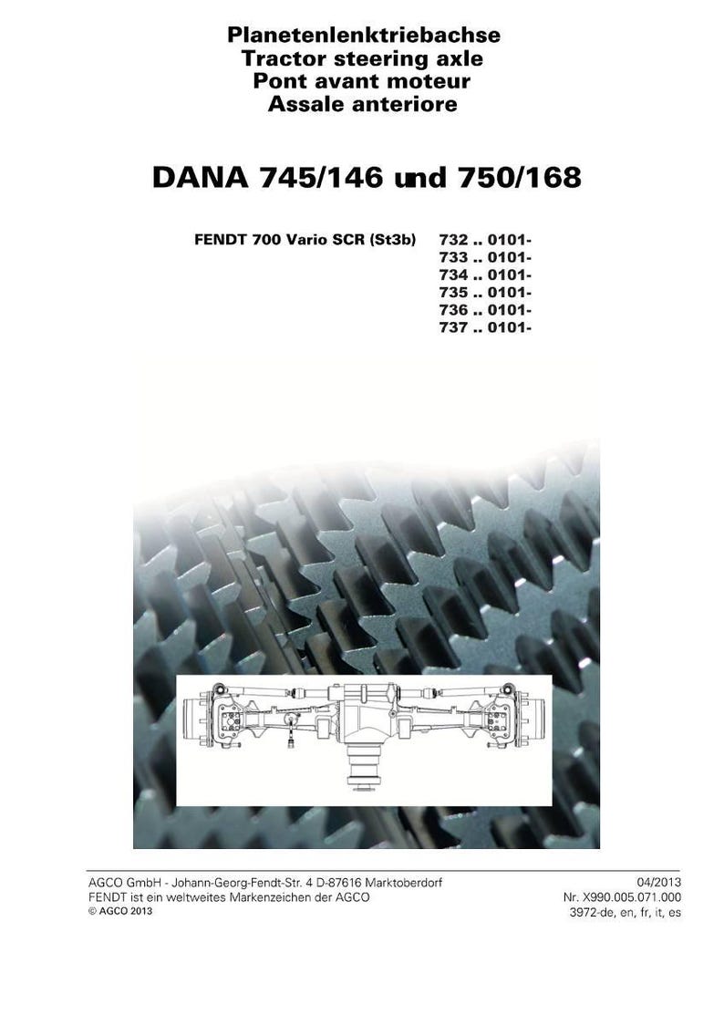 May include: An image of a technical diagram with text in multiple languages, including "Tractor steering axle" and "DANA 745/146 und 750/168." The image also features a detailed illustration of mechanical components and a gear assembly.