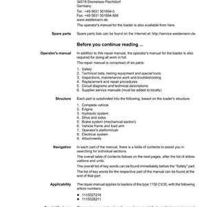 May include: A repair manual from Weidemann, featuring the company logo and contact information. The manual details the structure, navigation, and applicability of the 1150 CX30 loader, including special features.