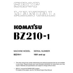 Pu&ograve; includere: Un manuale di officina bianco con il testo "SHOP MANUAL" in grassetto e contornato. Il logo Komatsu e "BZ210-1" sono in nero. Il manuale include informazioni sul modello della macchina e il numero di serie.