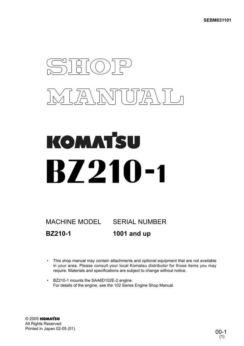 Pu&ograve; includere: Un manuale di officina bianco con il testo "SHOP MANUAL" in grassetto e contornato. Il logo Komatsu e "BZ210-1" sono in nero. Il manuale include informazioni sul modello della macchina e il numero di serie.