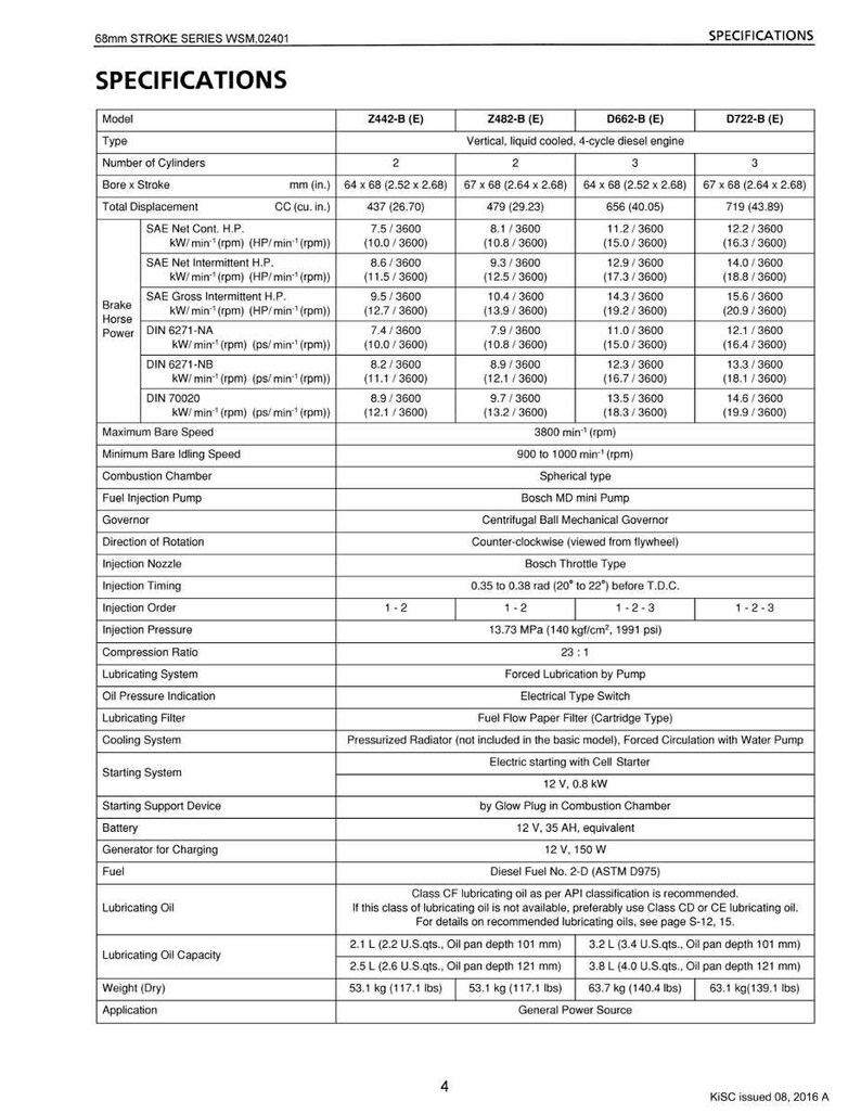 May include: Specifications chart for 68mm Stroke Series WSM.02401 engines. Includes models Z442-B (E), Z482-B (E), D662-B (E), and D722-B (E). Displays data on cylinders, bore, stroke, displacement, power, and other engine specifications.