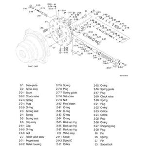 May include: Detailed technical diagram of a travel motor assembly, labeled with part numbers and names. Includes base plate, spool, springs, O-rings, and various other components. Ideal for engineering and mechanical applications.