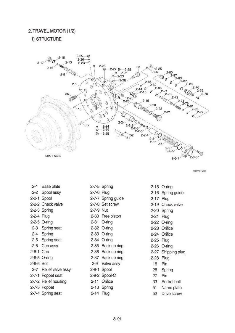 May include: Detailed technical diagram of a travel motor assembly, labeled with part numbers and names. Includes base plate, spool, springs, O-rings, and various other components. Ideal for engineering and mechanical applications.