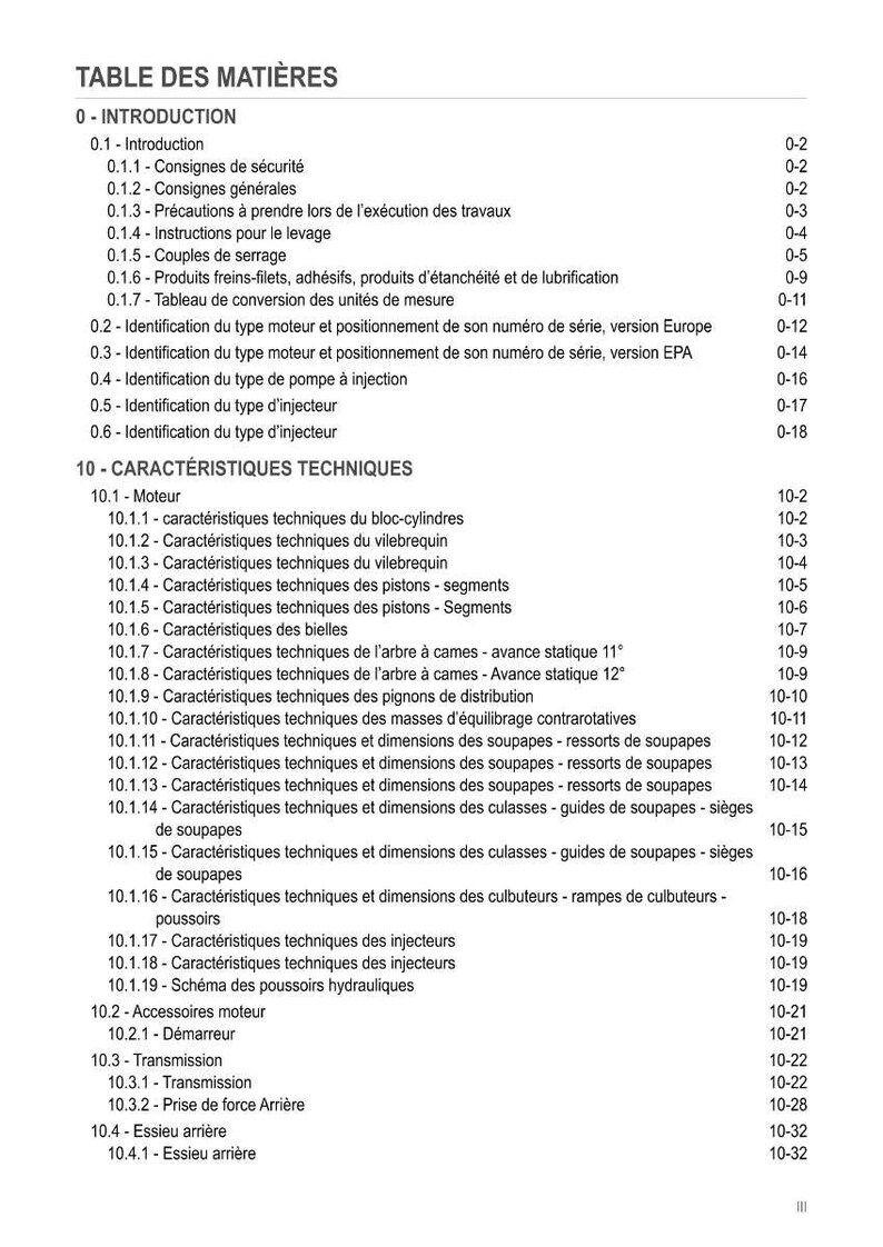 Pode incluir: Uma detalhada tabela de conte&uacute;dos em franc&ecirc;s, intitulada "TABLE DES MATI&Egrave;RES." O documento est&aacute; organizado com se&ccedil;&otilde;es e subse&ccedil;&otilde;es numeradas, cobrindo t&oacute;picos como introdu&ccedil;&atilde;o, seguran&ccedil;a e caracter&iacute;sticas t&eacute;cnicas de componentes do motor.
