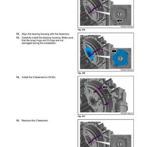 May include: Diagram from a Fendt tractor manual showing the installation of fasteners and bearing housing. The image includes detailed illustrations with arrows and labels, highlighting the steps for assembly. The text includes instructions and torque specifications.