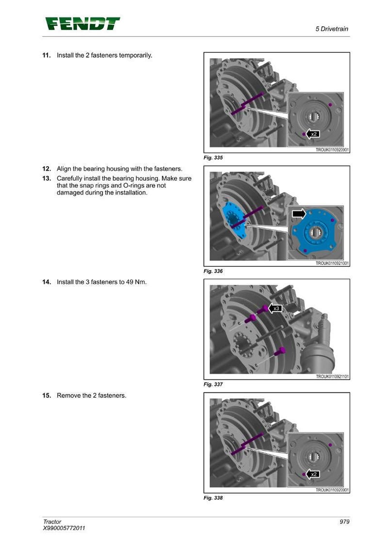 May include: Diagram from a Fendt tractor manual showing the installation of fasteners and bearing housing. The image includes detailed illustrations with arrows and labels, highlighting the steps for assembly. The text includes instructions and torque specifications.